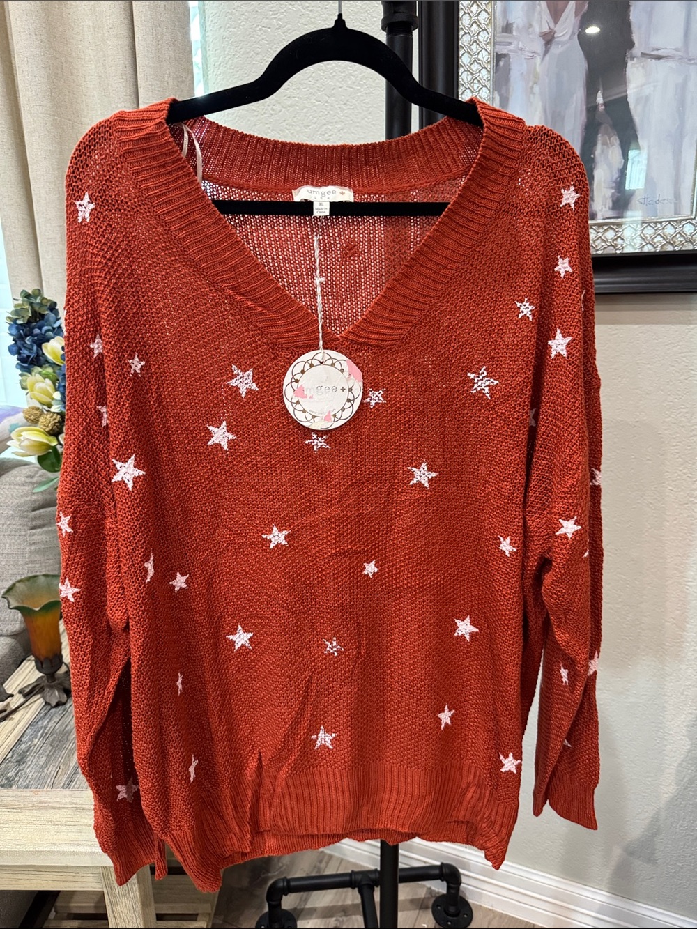 Umgee Rust V-Neck Star Knit Sweater